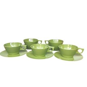 Vintage Resin Melamine Melmac Avocado Green Cups Resin‎ Plastic Saucers Lot Of 6